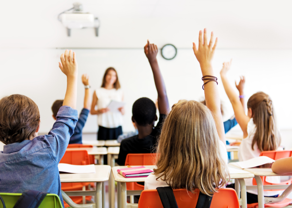 Group of students raising hands in class