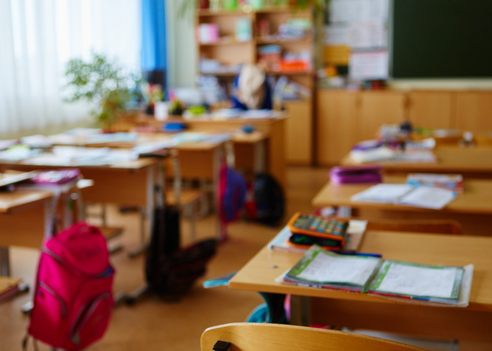 Desks and backpacks in classroom