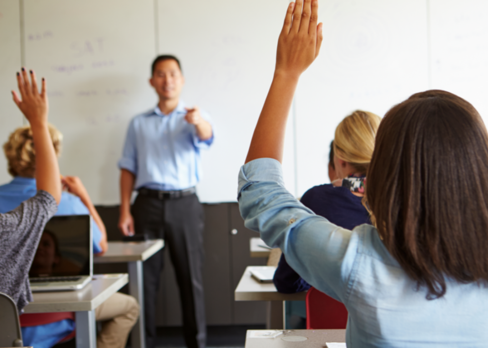Teacher calls on student with raised hand in class