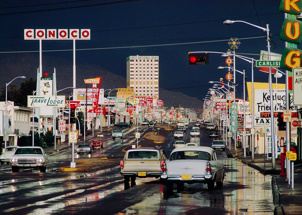 Traffic in the streets of Albuquerque after a heavy downpour.