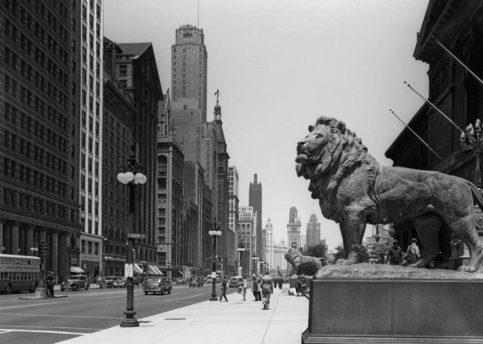 Bronze lions at Michigan Avenue entrance to the Art Institute of Chicago.