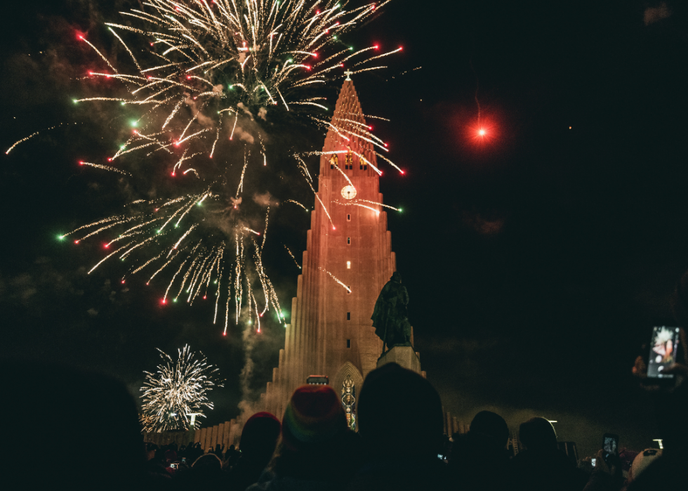 Fireworks over the Hallgrimskirkja building.