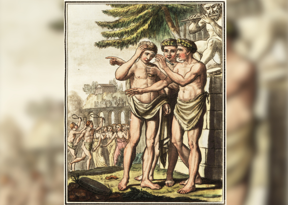 Luperci, priests of Lupercalia in laurel wreaths.