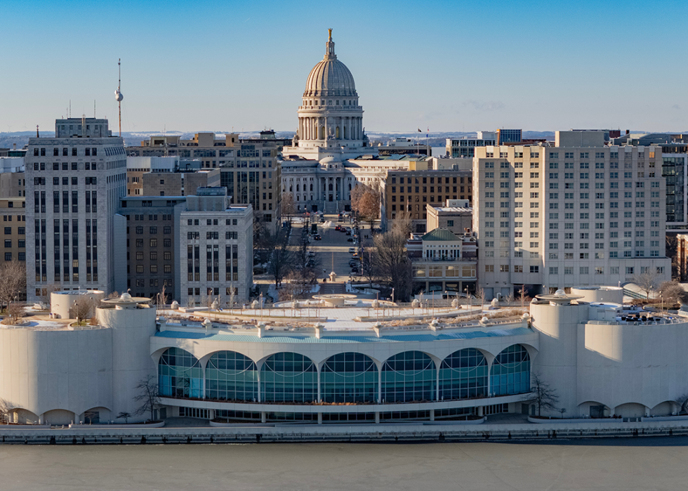Aerial view of Madison skyline and Monona Terrace Community and Convention Center.