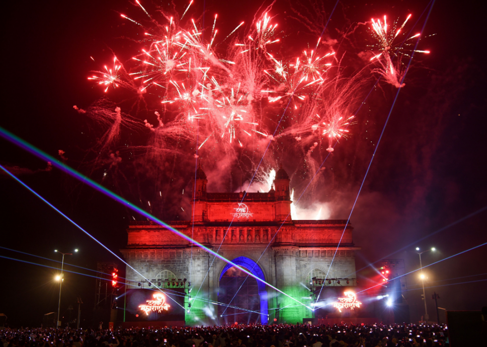 Fireworks over the gateway of India.