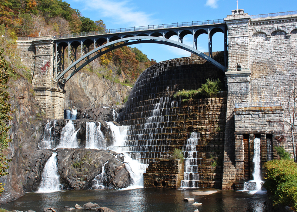 Croton Dam Waterfall and reservoir bridge walkway.