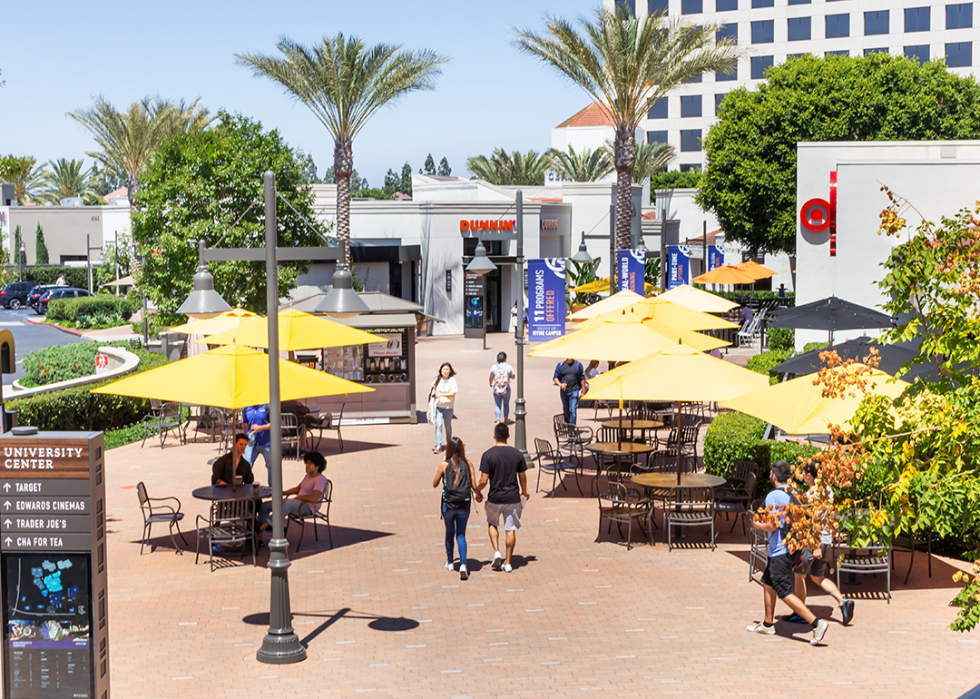 A view of students walk around the retail area of University Center at UCI.