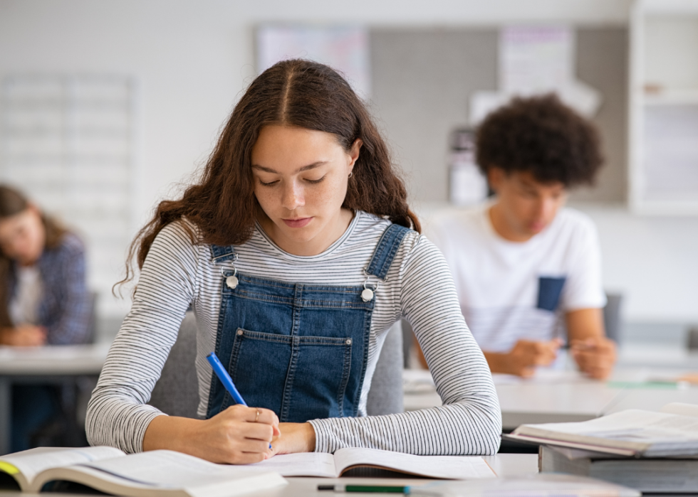 Female student taking notes at desk