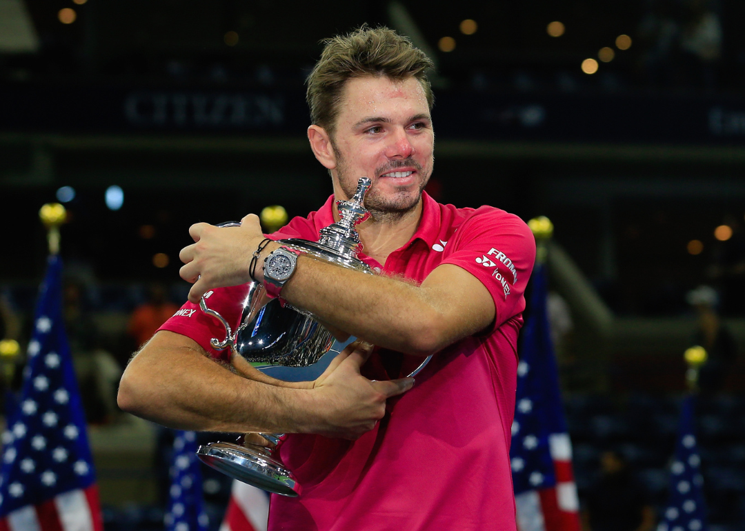 Stan Wawrinka celebrates with US Open trophy.