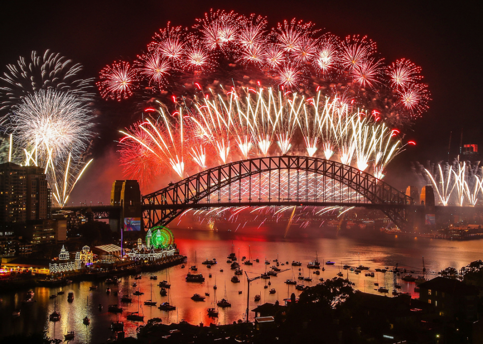 Fireworks explode over the Sydney Harbor Bridge. 