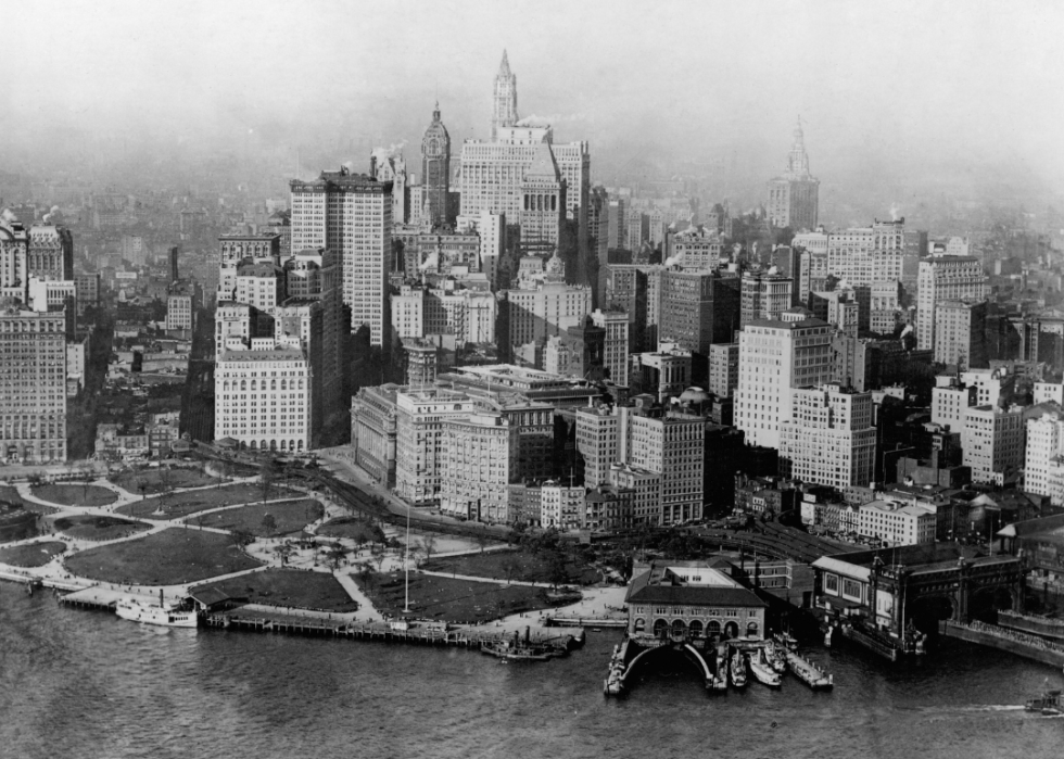 Aerial view looking north over Battery Park and Lower Manhattan
