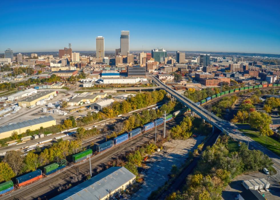 Aerial view of downtown Omaha in autumn.