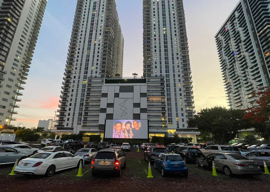 Cars parked at the Nite Owl Drive-In Theater in Miami for screening.