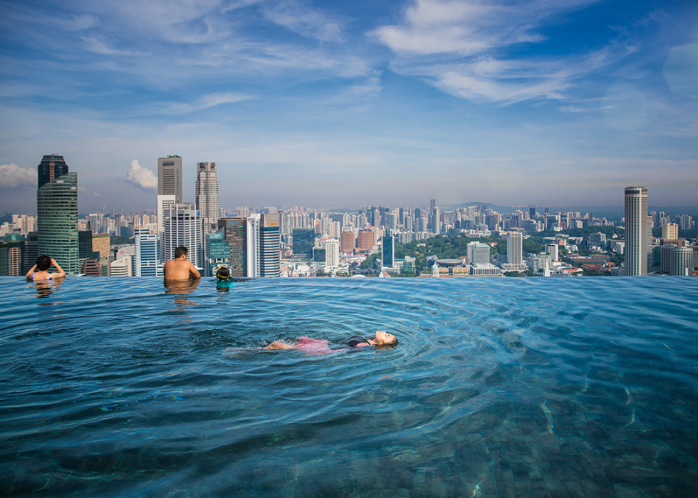 People swimming in Singapore rooftop infinity pool, looking out toward the city.