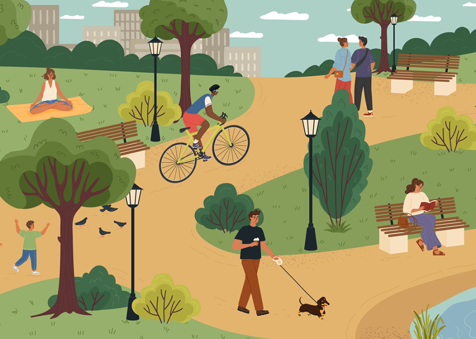 An illustration showing a variety of active people in an urban green space.