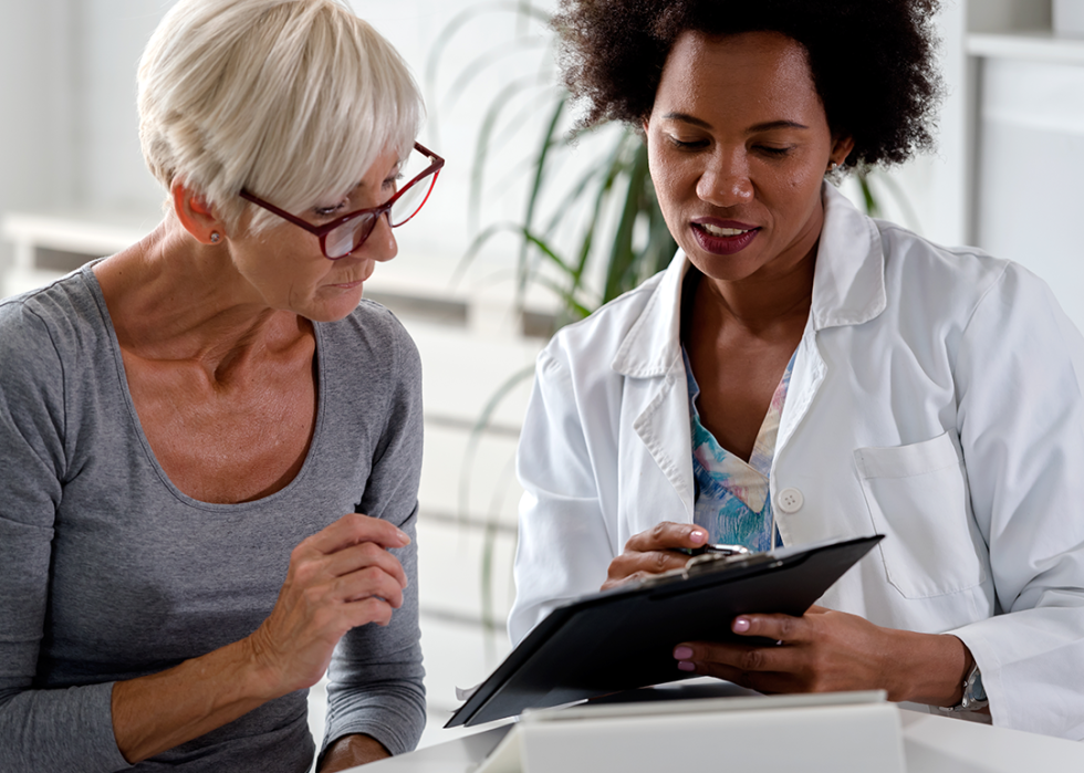 Senior woman reviewing information with doctor.