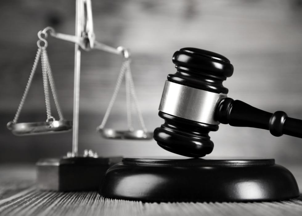 Judge’s gavel and scales on desk.
