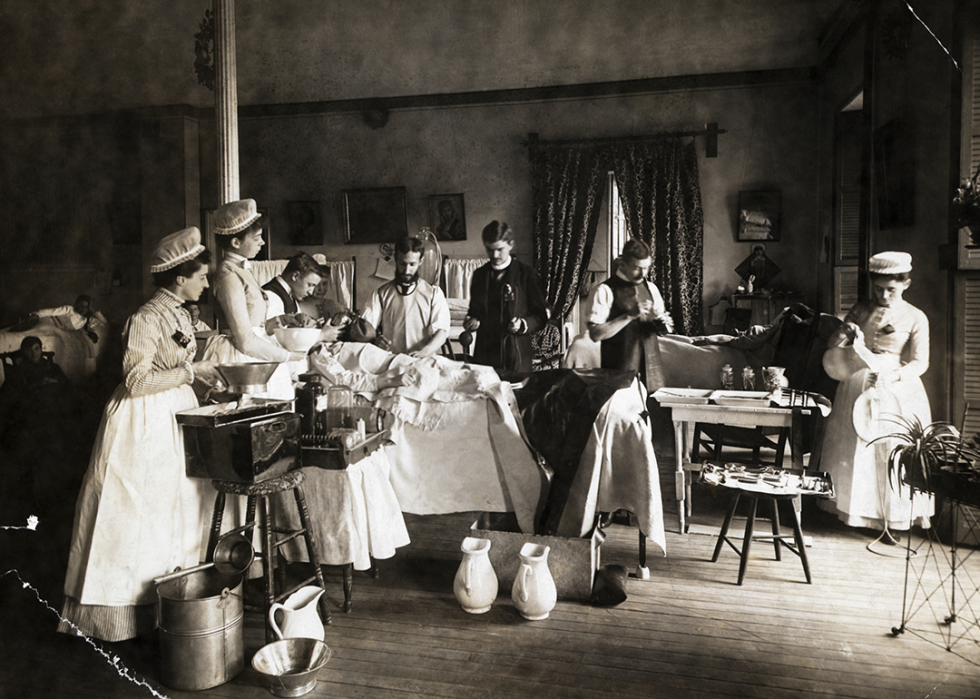 An operation in process at Bellevue Hospital in the 1870s.