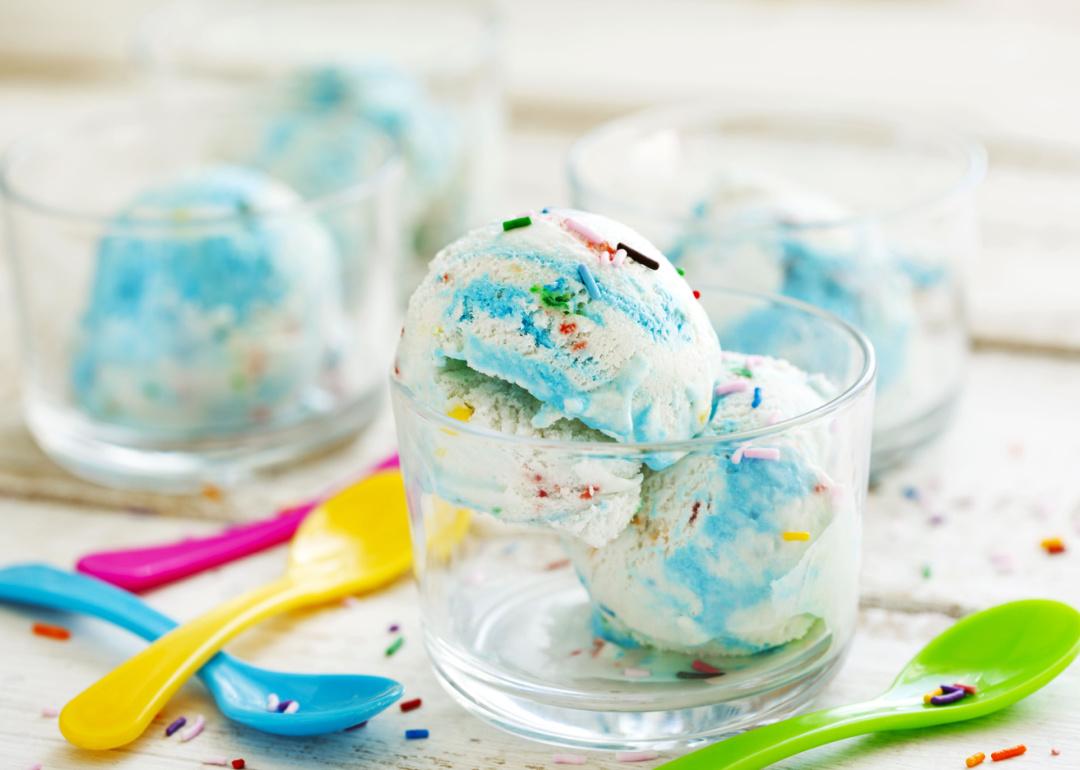 Bowl of colorful birthday cake ice cream.