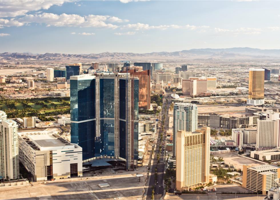 Aerial view of Las Vegas at evening.