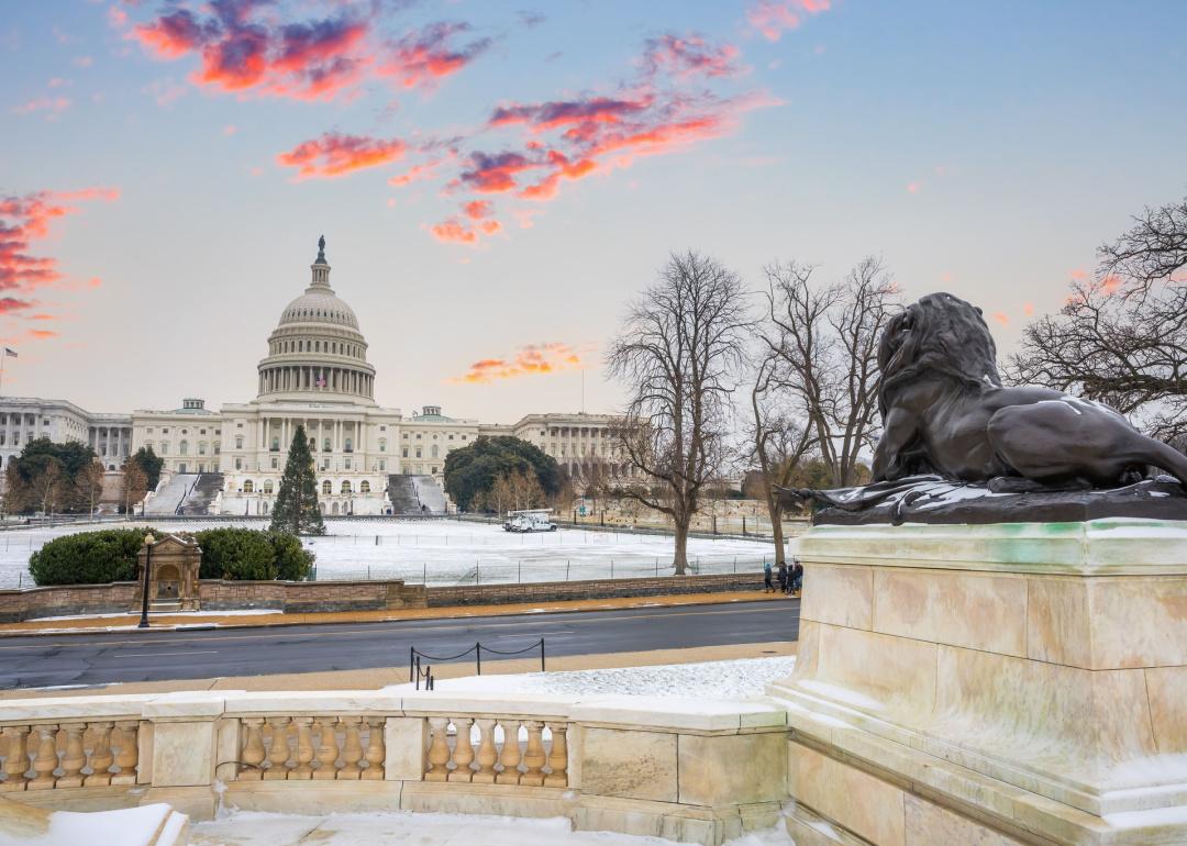 US Capitol building during a winter sunset.