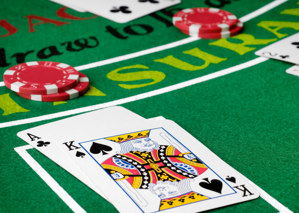 Blackjack table with cards.