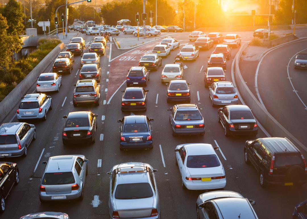 Aerial view of traffic backed up at an intersection.