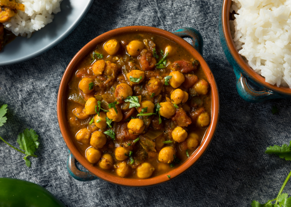 Indian Chickpea Chana Masala with Rice and Roti