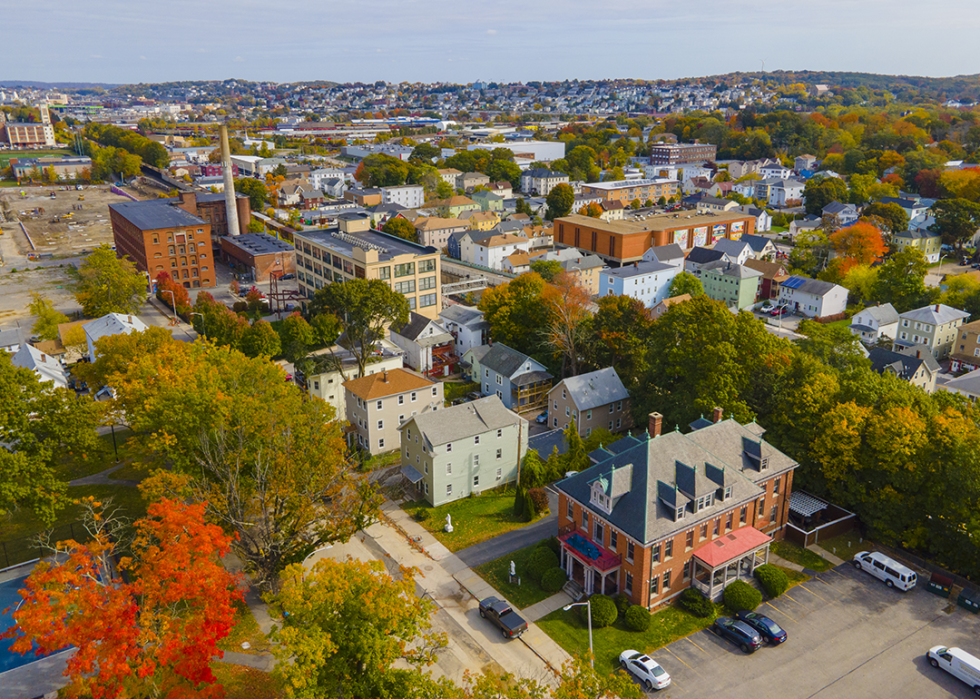 Aerial view of downtown Worcester with fall foliage.