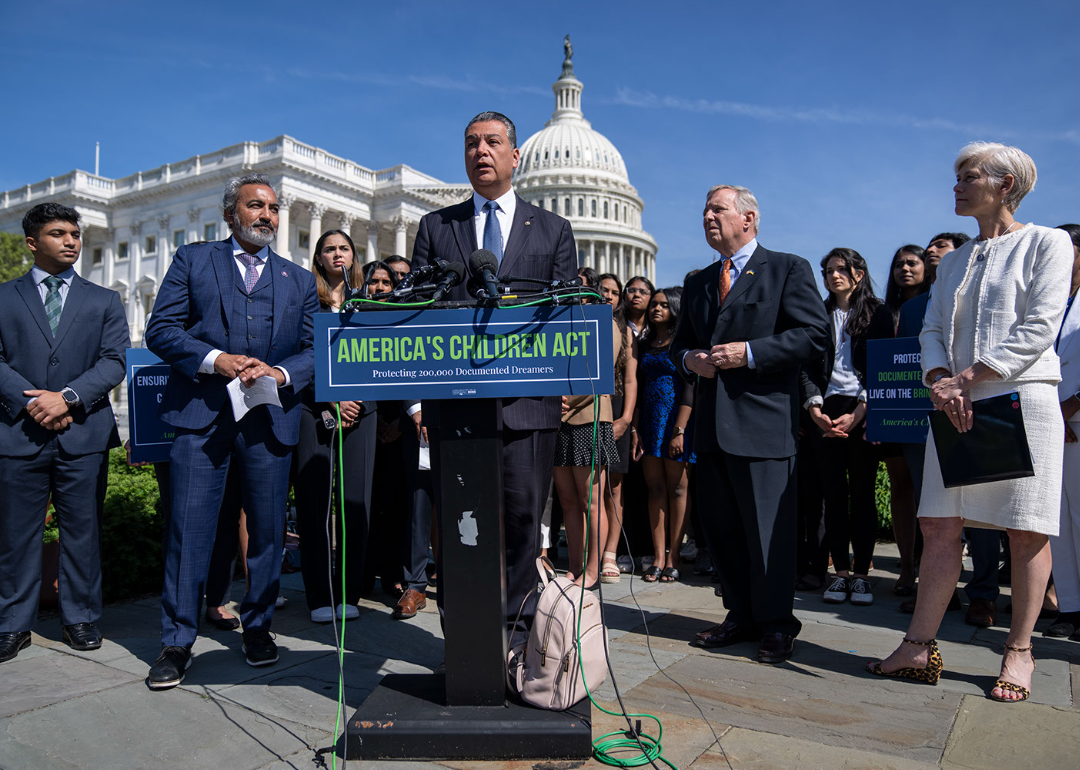 Sen. Alex Padilla speaks outside the Capitol at news conference calling for bipartisan legislation to protect documented Dreamers