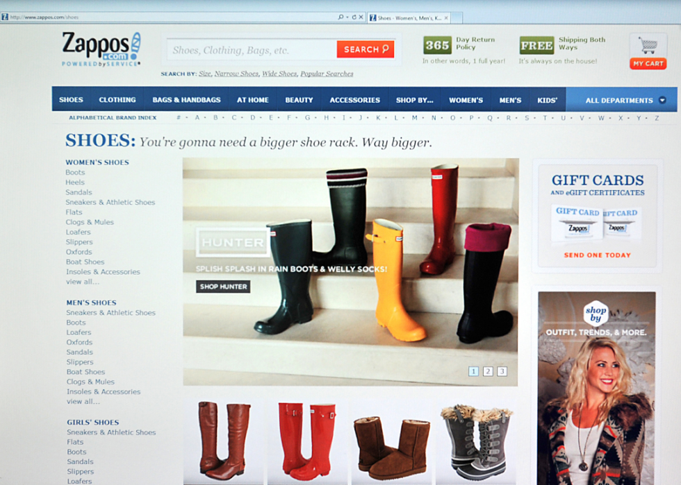 Computer screen showing the Zappos home page.