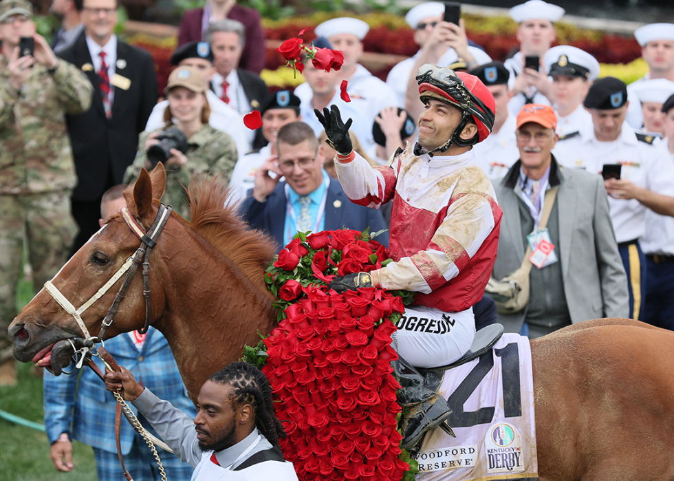 Sonny Leon aboard Rich Strike after winning the 148th Kentucky Derby.