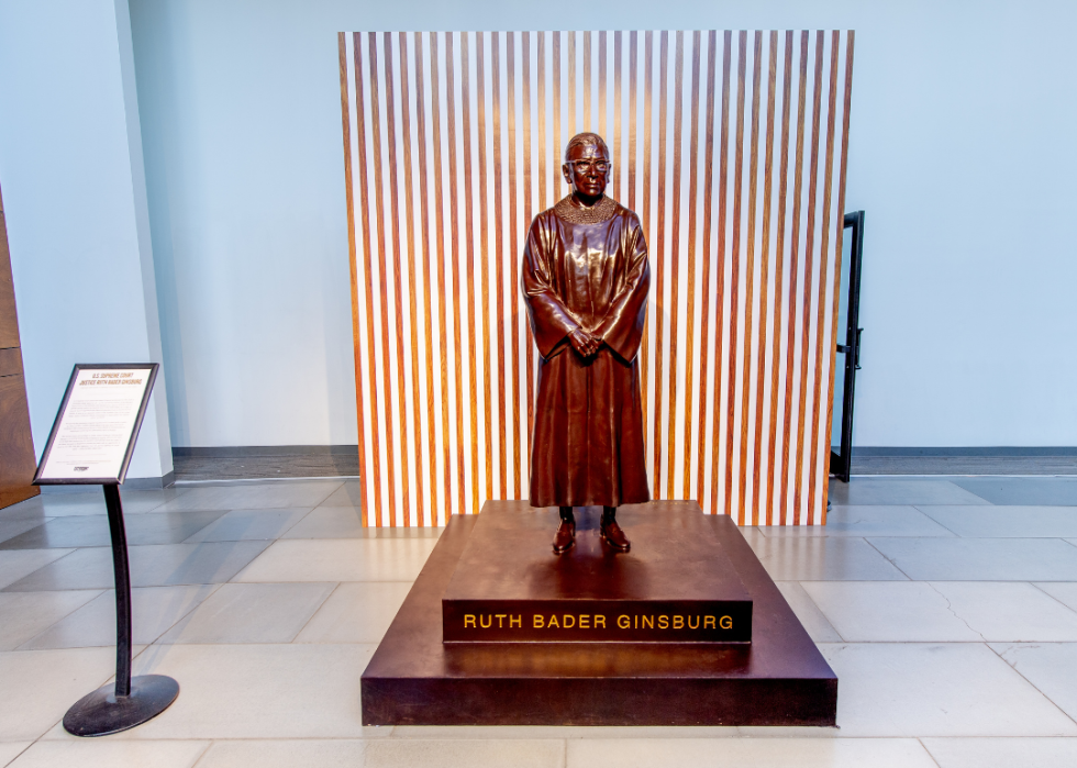 Photo of the Ruth Bader Ginsburg monument, which shows her in her standing in her ceremonial gown