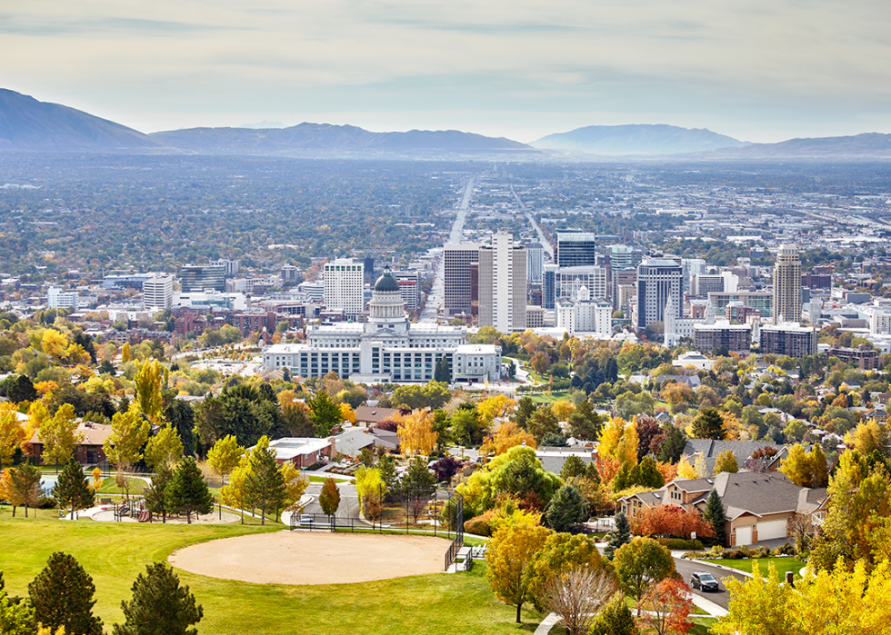 Aerial view of the Salt Lake City downtown in autumn.