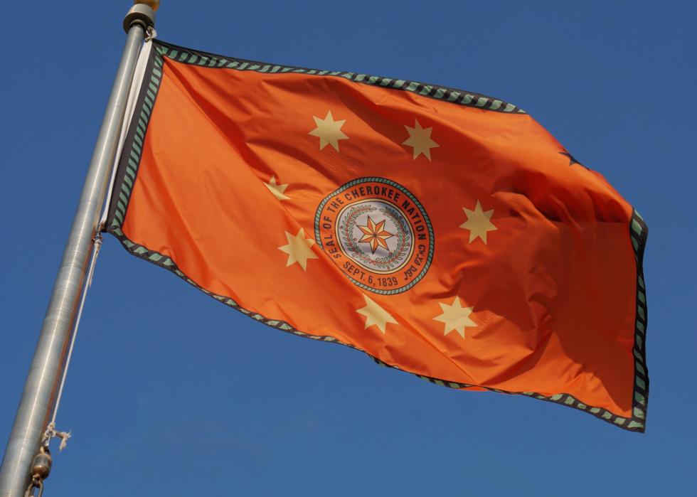 A red flag with an emblem in the middle reading Seal of the Cherokee Nation, Sept. 6, 1939, flies in the wind in front of a blue sky.