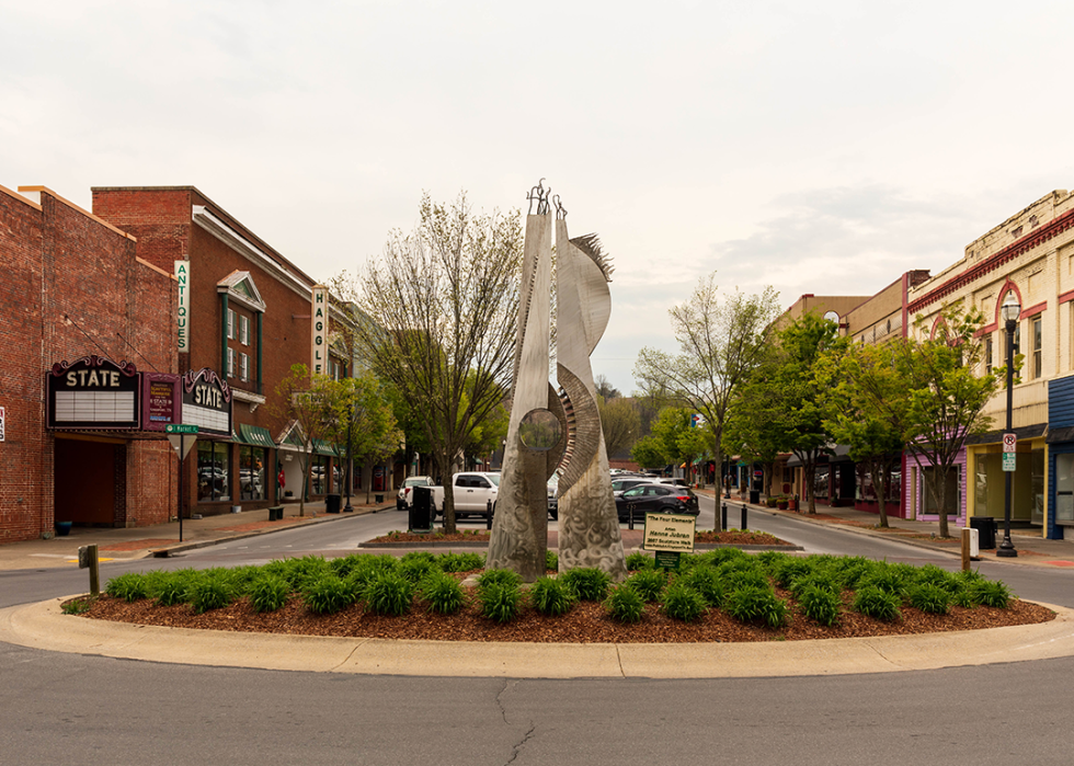 View of Kingsport Main street with shops and a roundabout with sculpture.