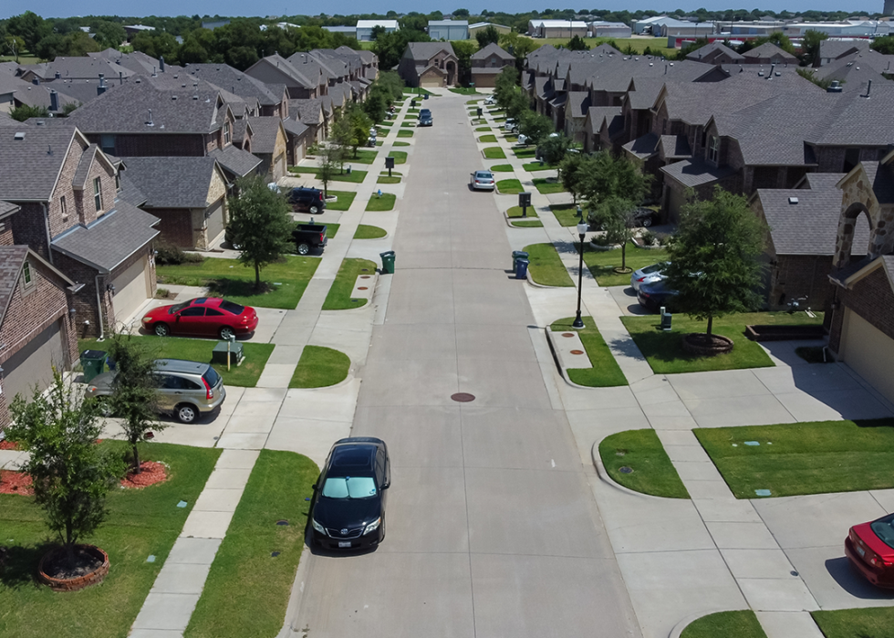 Aerial view of homes on a residential street in McKinney.