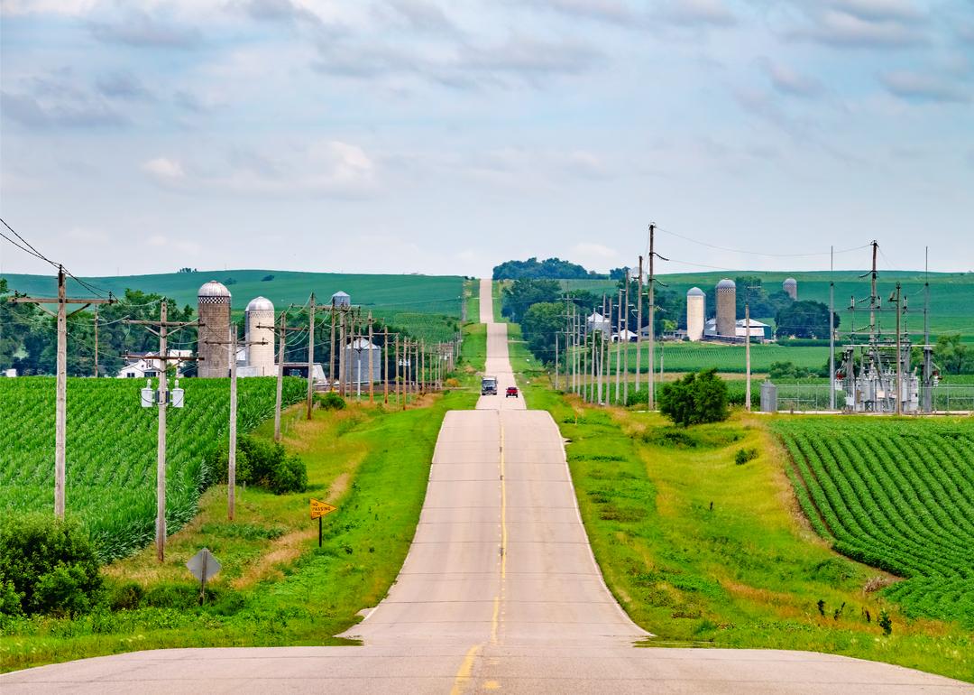 Road through hilly farmland in northeastern Nebraska.
