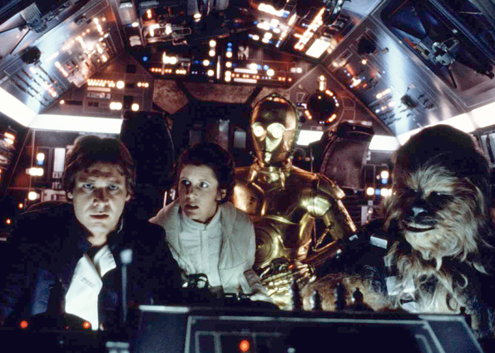 Harrison Ford, Carrie Fisher, Anthony Daniels and Peter Mayhew on the set of ‘Star Wars: Episode V - The Empire Strikes Back’.