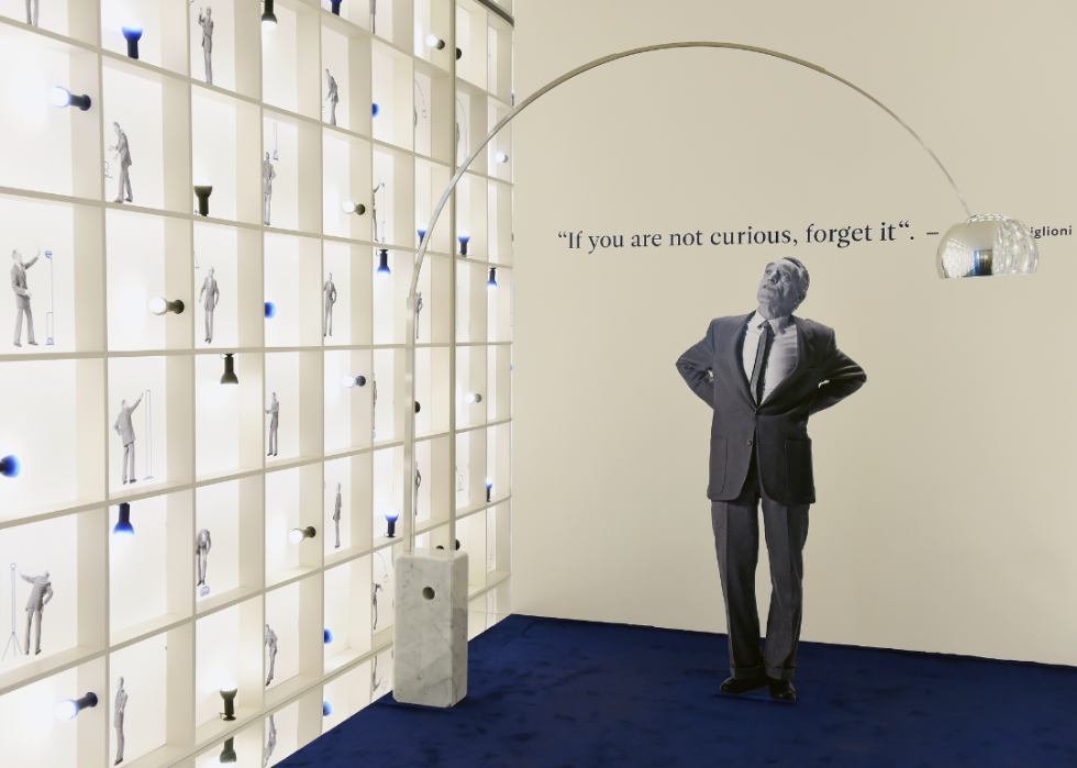 An Arco floor lamp in a Milan design exhibition.