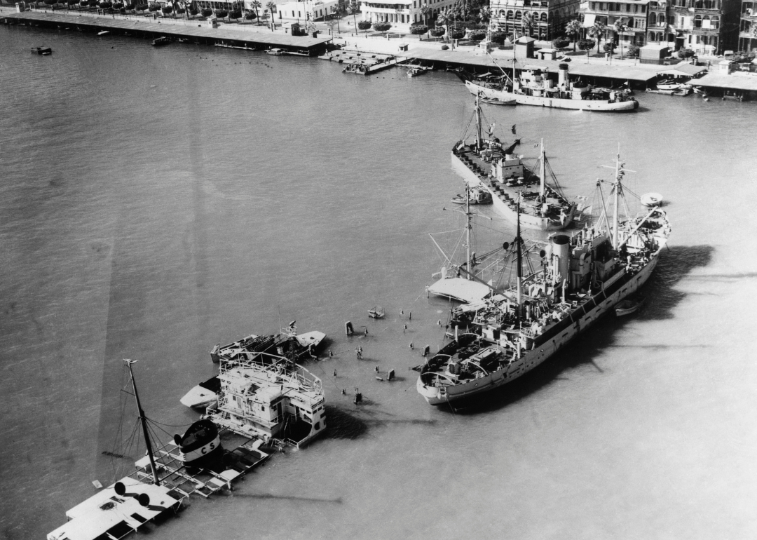 Ships blocking the entrance to the Suez Canal at Port Said.