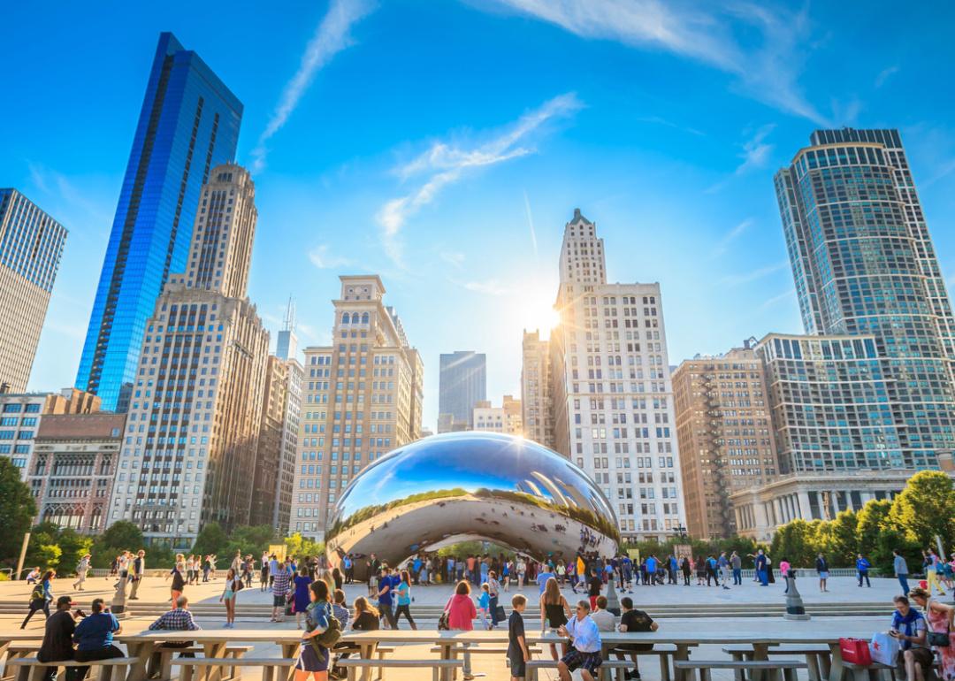 People gather in Millennium Park, Chicago.