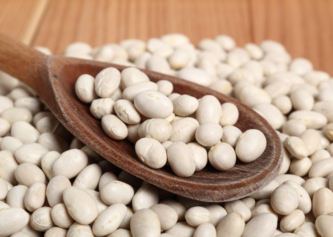 Navy beans in wooden spoon.