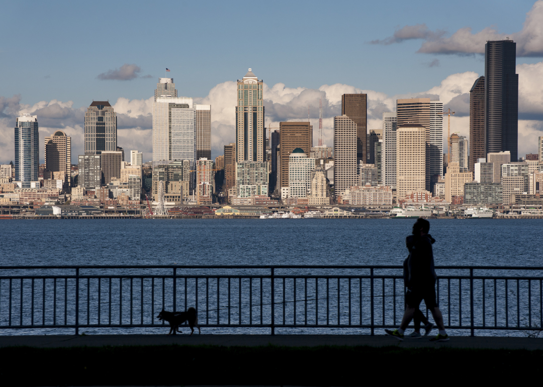 People walking dog on waterfront park.