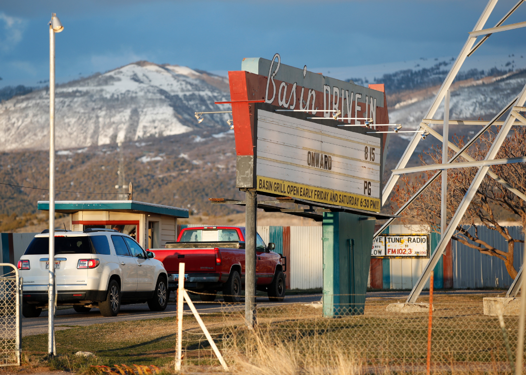 Cars at entrance to Mount Pleasant’s Basin Drive-In.
