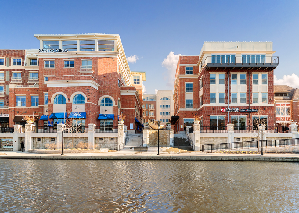 Shops and restaurants along the Naperville Riverwalk.