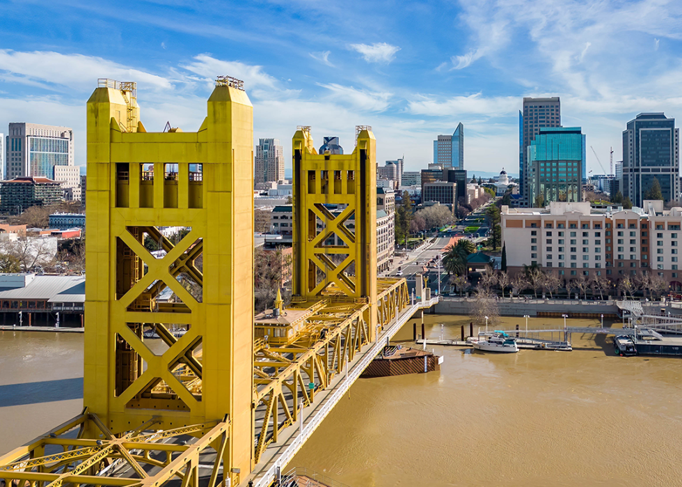Aerial view of the Tower Bridge and State Capitol Building in Sacramento.