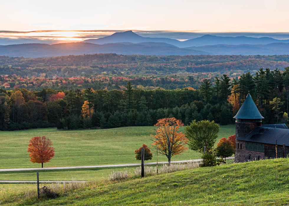 Sun rising over the Green mountains from Shelburne Farms.