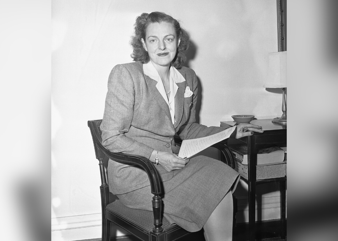 Congresswoman Helen Gahagan Douglas at a press conference.
