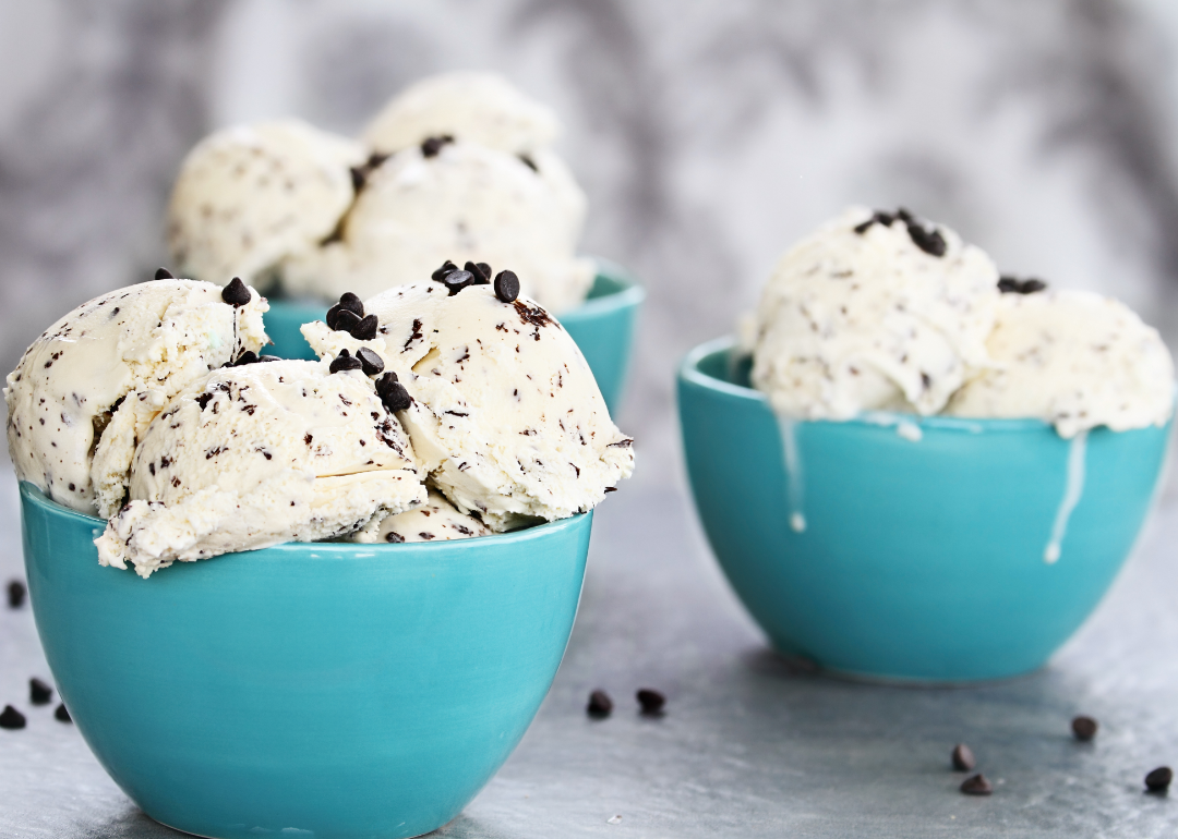 Three bowls of chocolate chip ice cream.